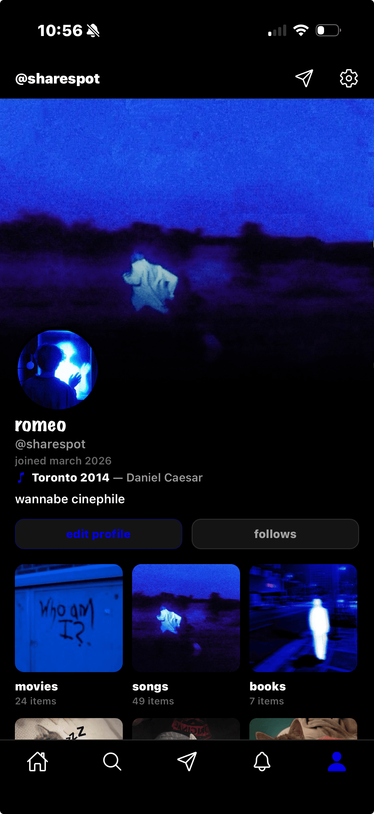Romeo's Sharespot profile with a blue night-field header and wannabe cinephile bio.