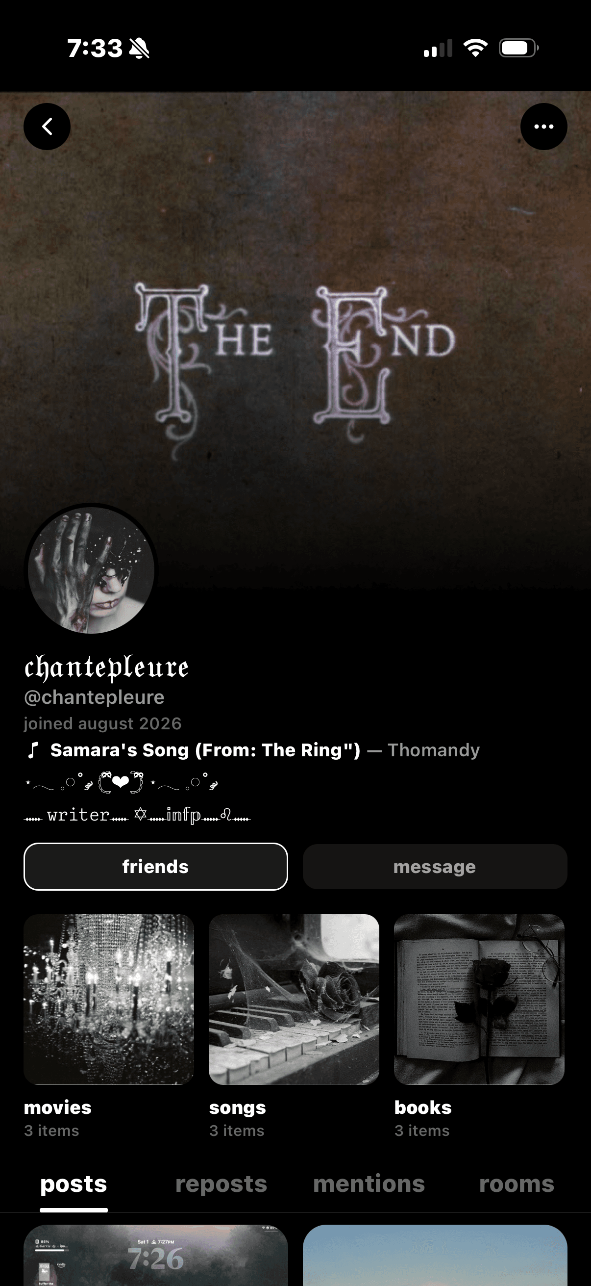Chantepleure's Sharespot profile with a dark The End header.