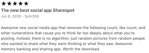App Store review titled The new best social app Sharespot.