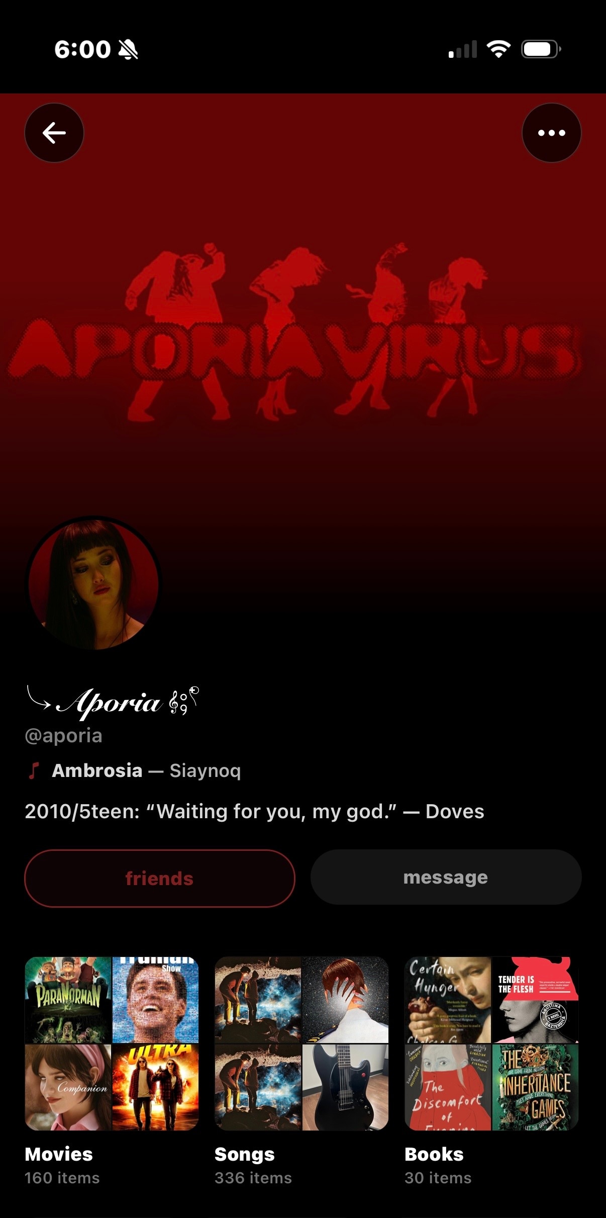Aporia's Sharespot profile — red Aporia Virus header, shelves of movies, songs, and books.