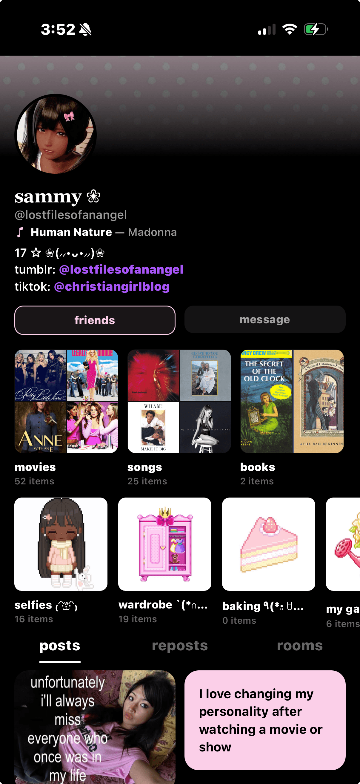 Sammy's Sharespot profile with a dotted header, avatar portrait, and shelves of movies, songs, books, and selfies.
