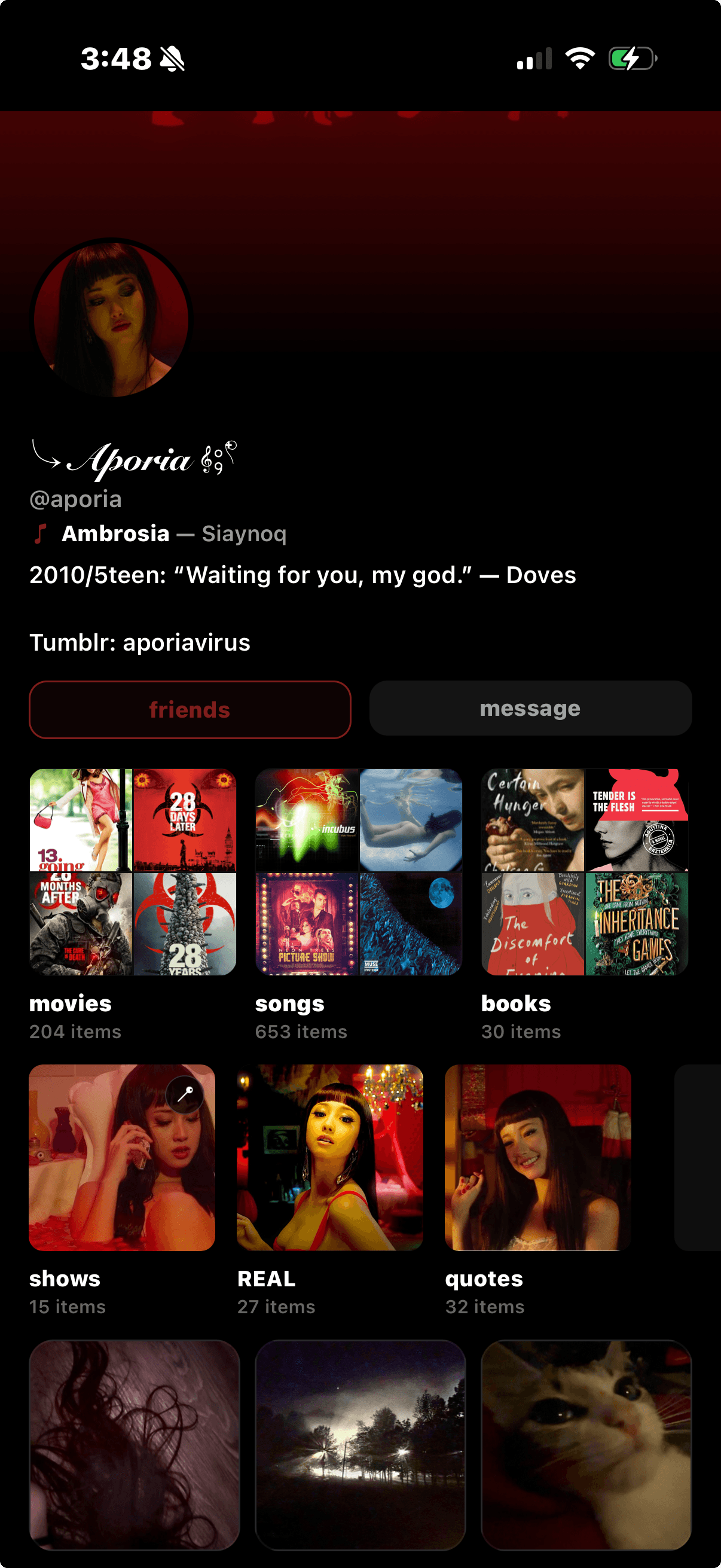 Aporia's Sharespot profile with a dark red header, portrait avatar, and shelves of movies, songs, and books.