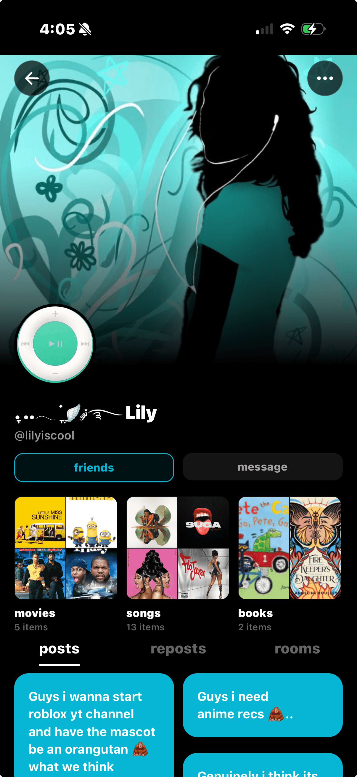 Lily's Sharespot profile with a teal music-player header and shelves of movies, songs, and books.
