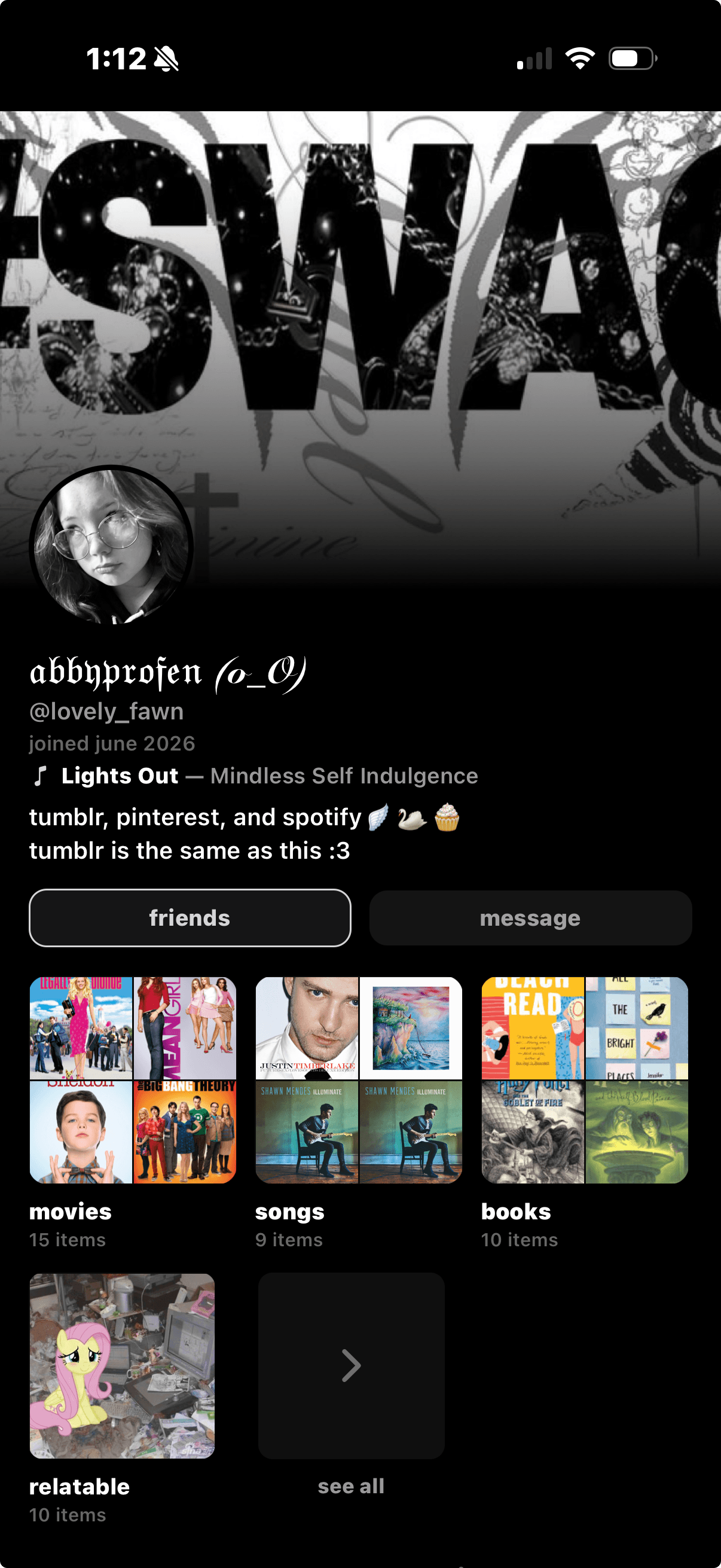 Abbyprofen's Sharespot profile with a black SWAG collage header, glasses selfie avatar, and shelves of movies, songs, books, and relatable.