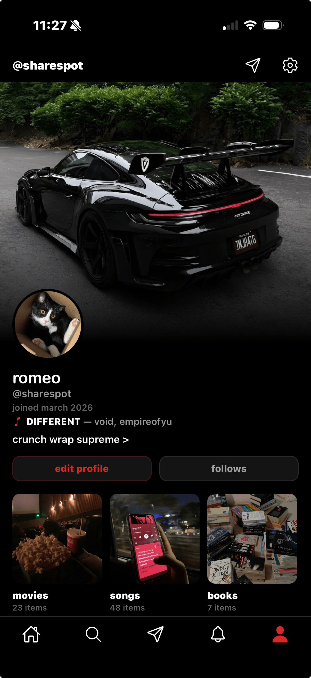 Romeo's Sharespot profile with a black Porsche GT3 header, tuxedo cat avatar, and shelves of movies, songs, and books.