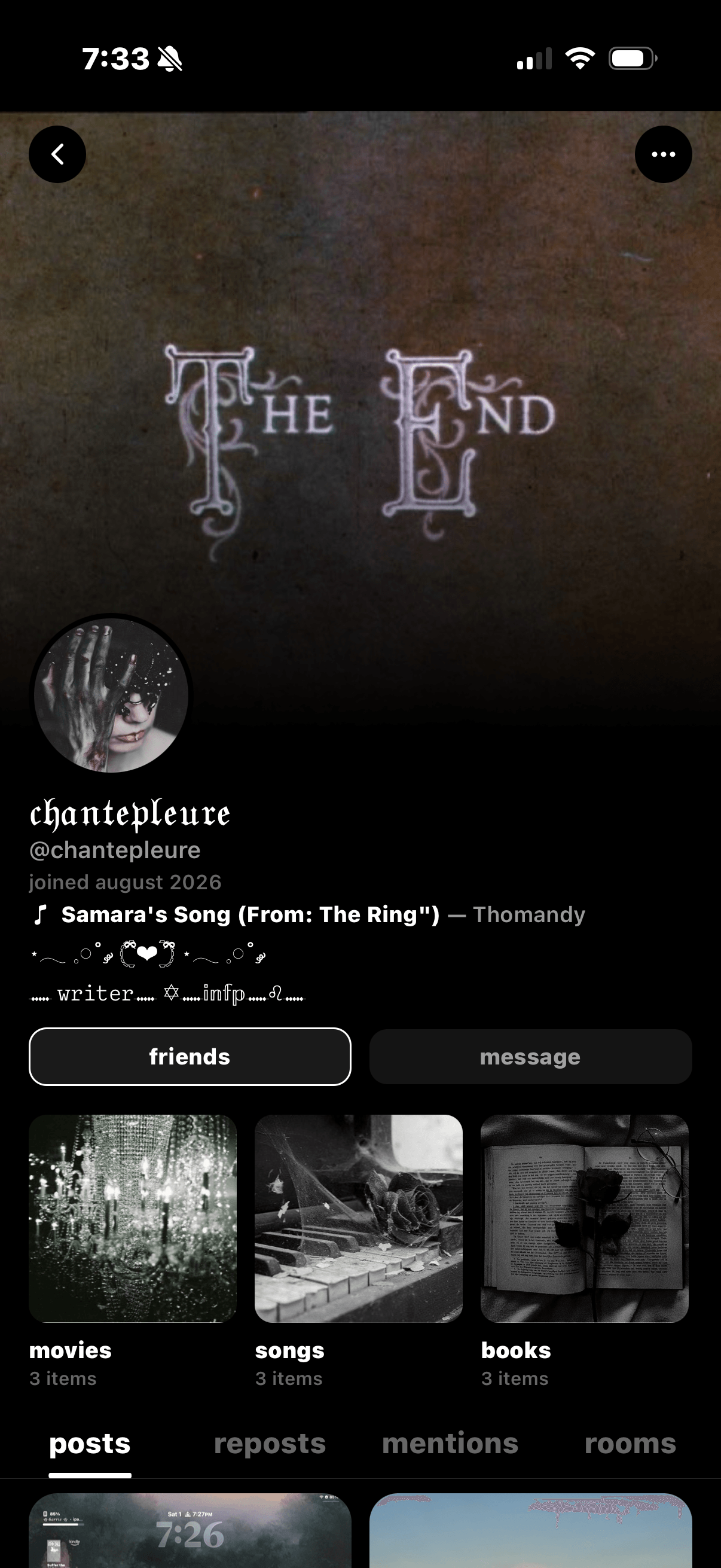Chantepleure's Sharespot profile with a dark The End header, a bloody-hand-over-face avatar, and shelves of movies, songs, and books.