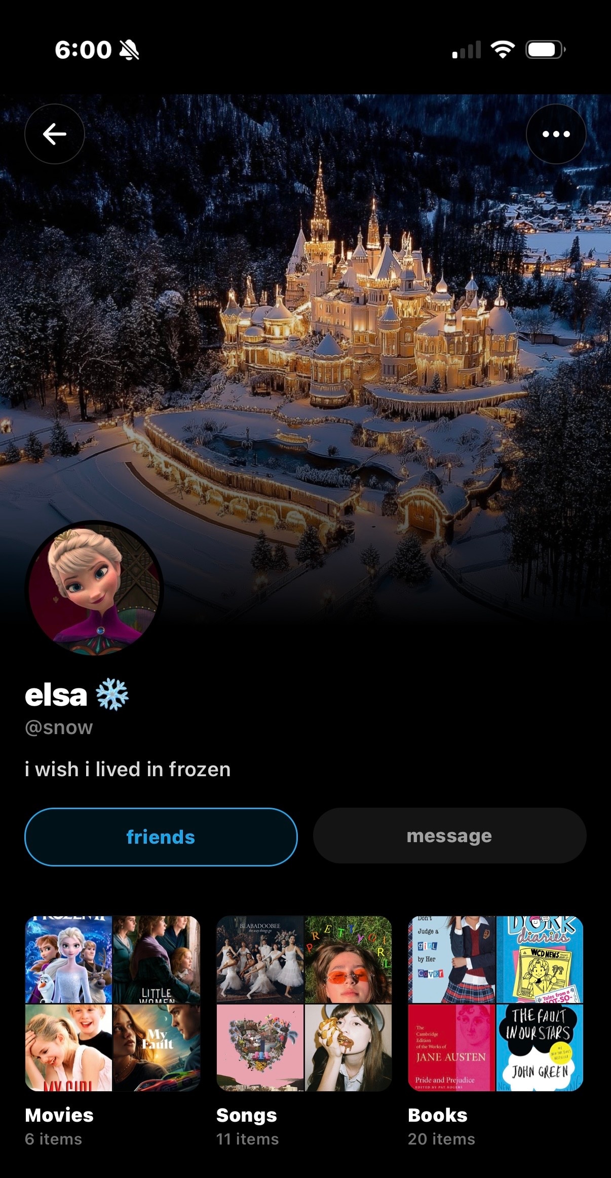 Elsa's Sharespot profile — frozen castle header, shelves of movies, songs, and books.