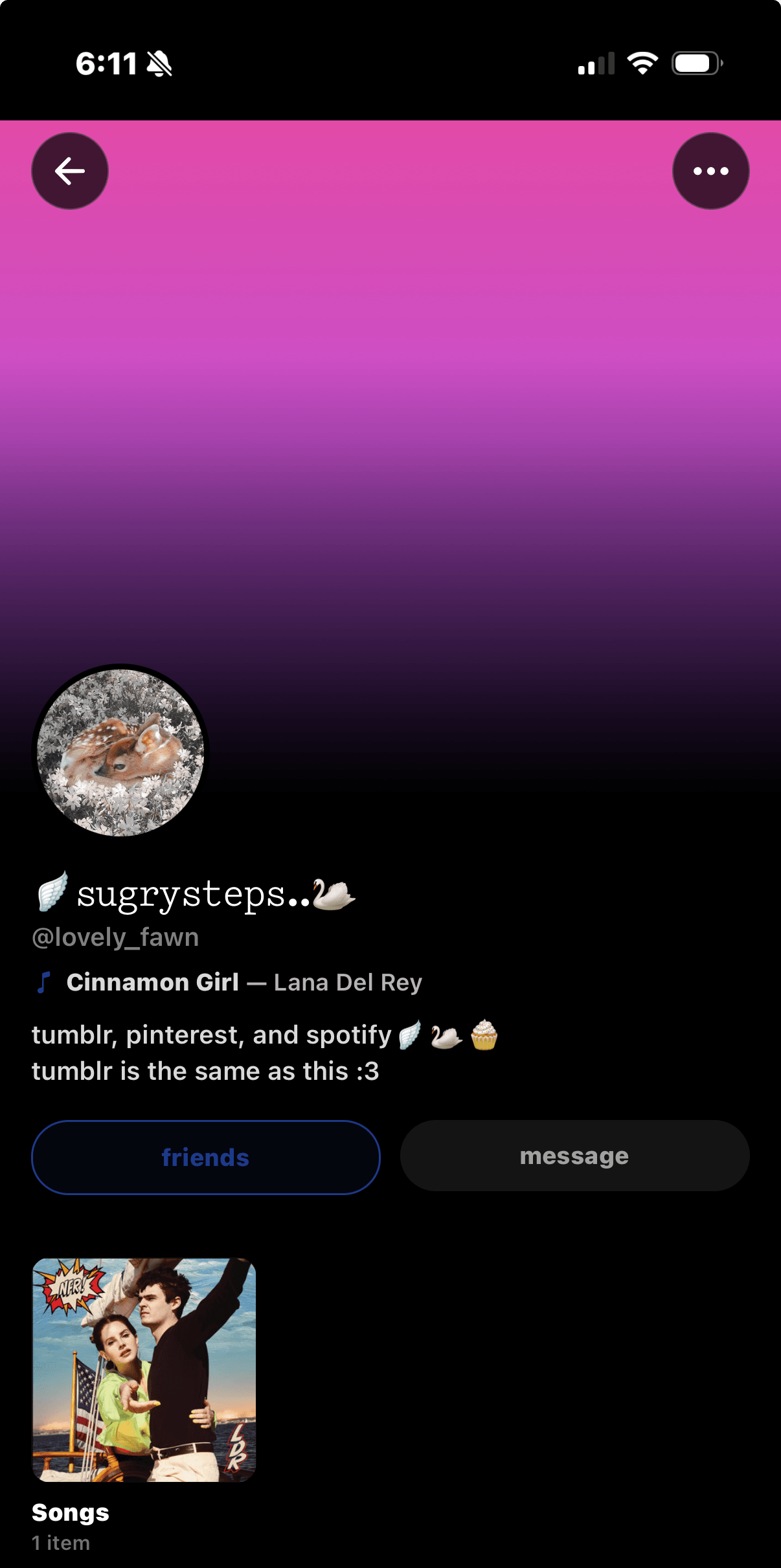 Sugrysteps's Sharespot profile — pink-purple gradient header, Lana Del Rey pinned, shelf of songs.
