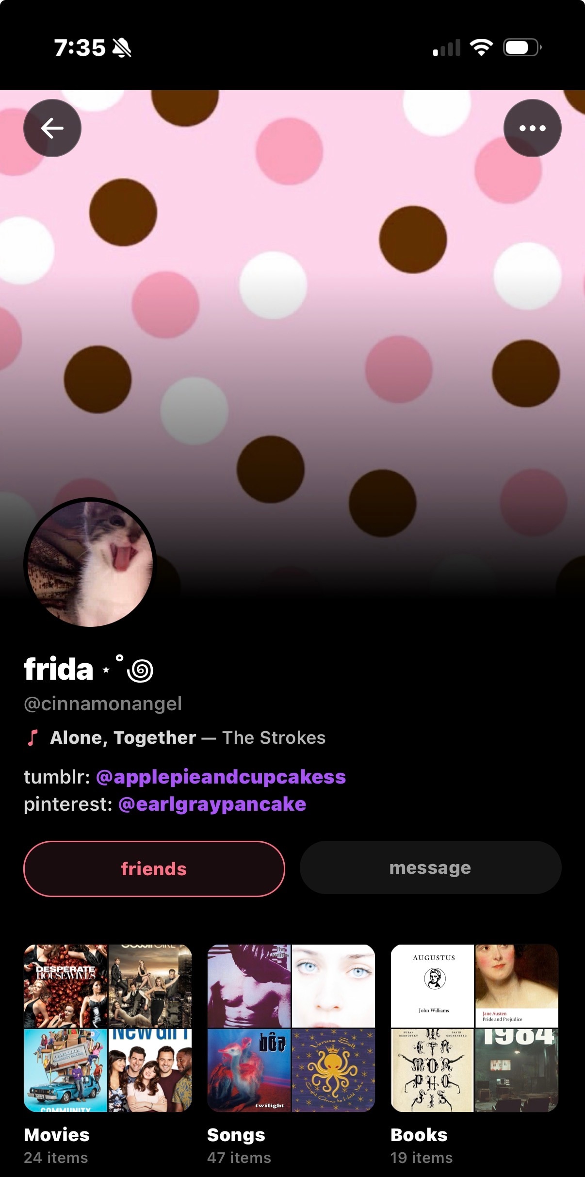 Frida's Sharespot profile — pink polka-dot header, The Strokes pinned, shelves of movies, songs, and books.