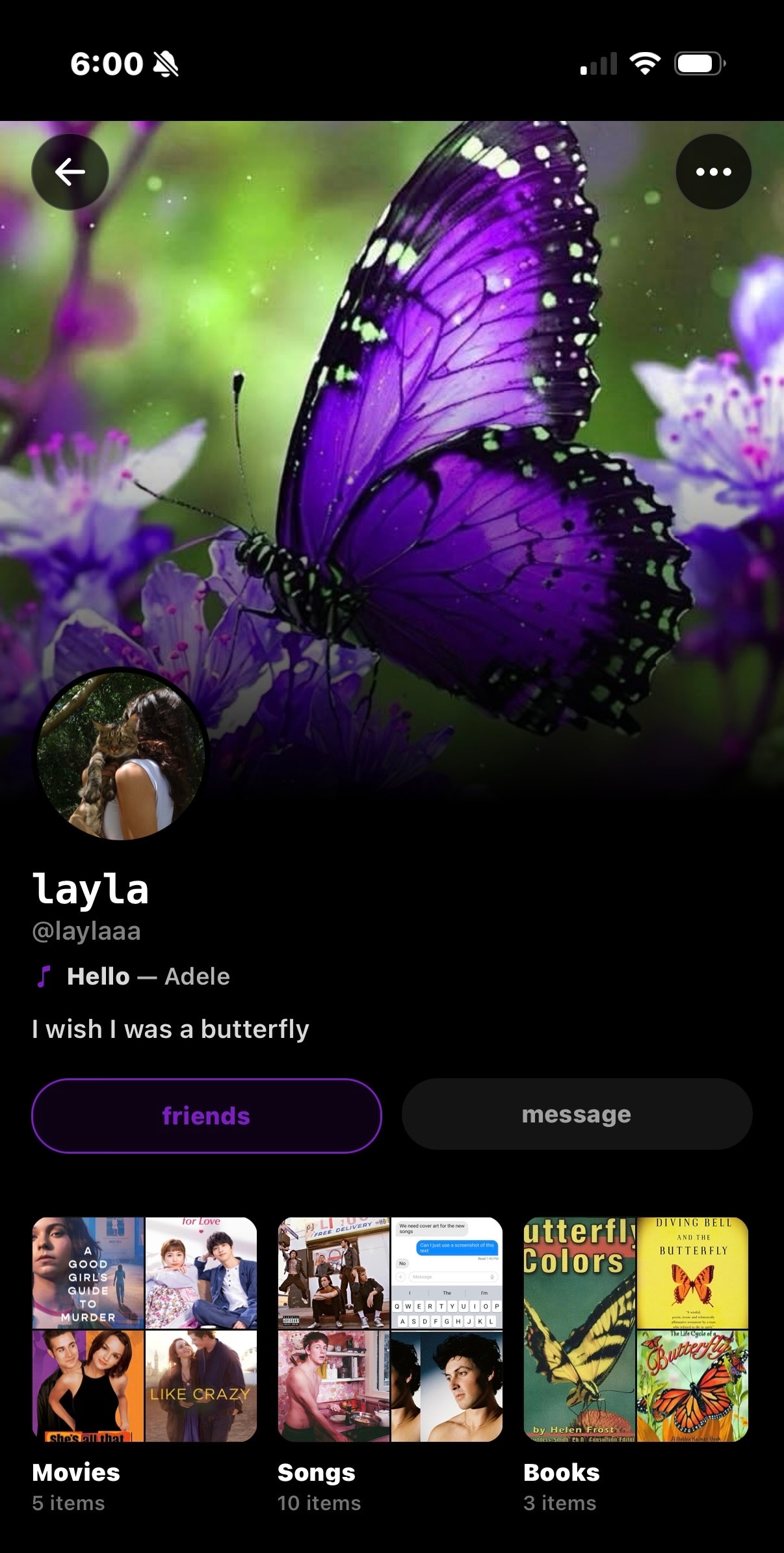 Layla's Sharespot profile — butterfly header, Adele pinned, shelves of movies, songs, and books.